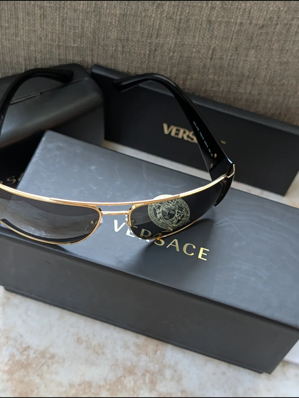 Versace VE2163 Gold Frame Dark Grey Lens Aviator Sunglasses New